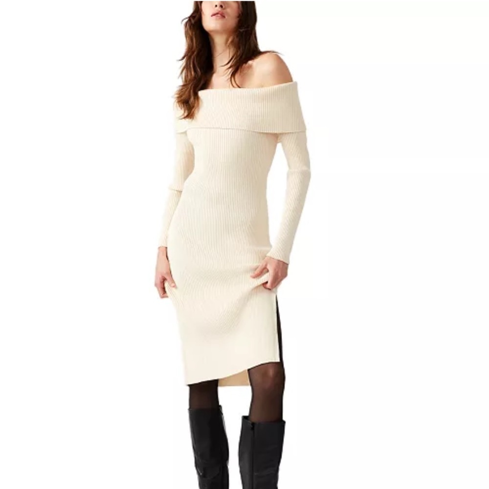 Steve Madden Womens Cream Francesca Off The Shoulder Ribbed Sweater Dress S New
